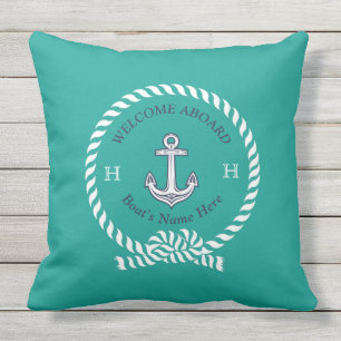 Nautical Boat Name Anchor Rope Teal Blue Welcome  Cushion
