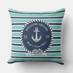 Nautical Boat Name Anchor Rope Teal Blue Welcome  Cushion