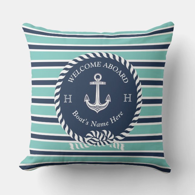 Nautical Boat Name Anchor Rope Teal Blue Welcome  Cushion (Front)
