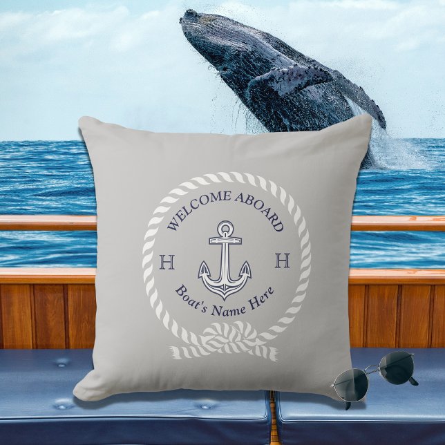 Nautical Boat Name Anchor Rope Welcome grey Cushion (Creator Uploaded)