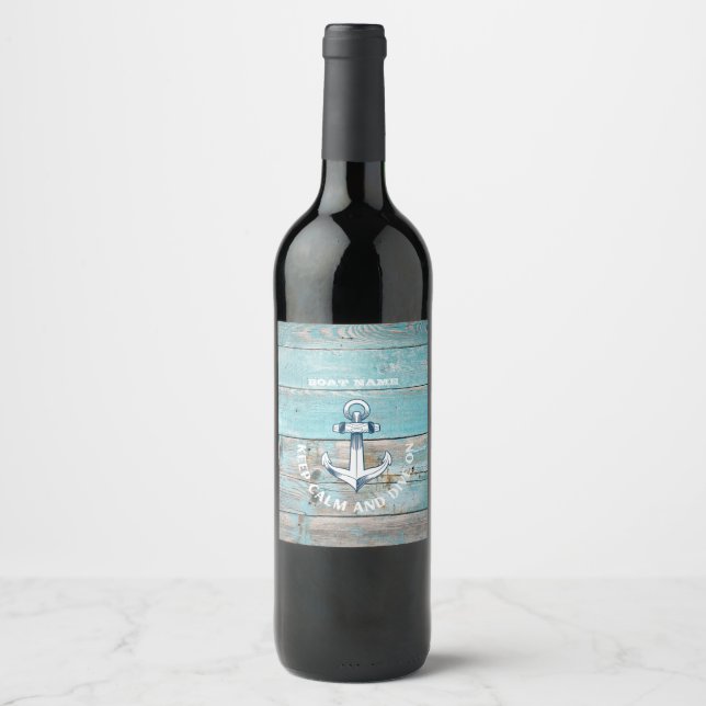 Nautical Boat Name Anchor Rustic Wood Wine Label (Front)