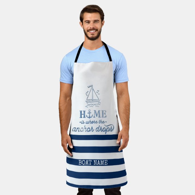 Nautical Boat Name,Anchor Sea Navy Blue Striped Apron (Worn)