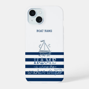 Nautical Boat Name,Anchor Sea Navy Blue Striped iPhone 15 Case