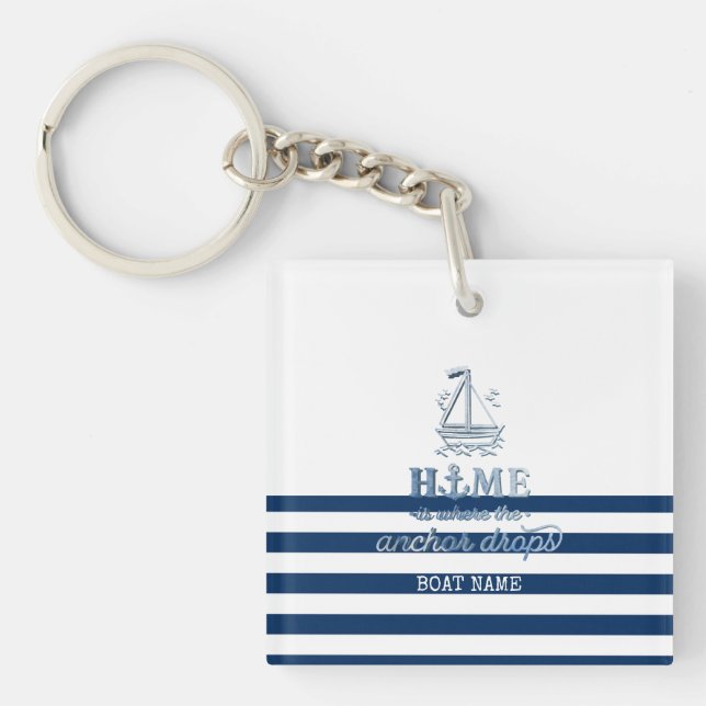Nautical Boat Name,Anchor Sea Navy Blue Striped Key Ring (Front)