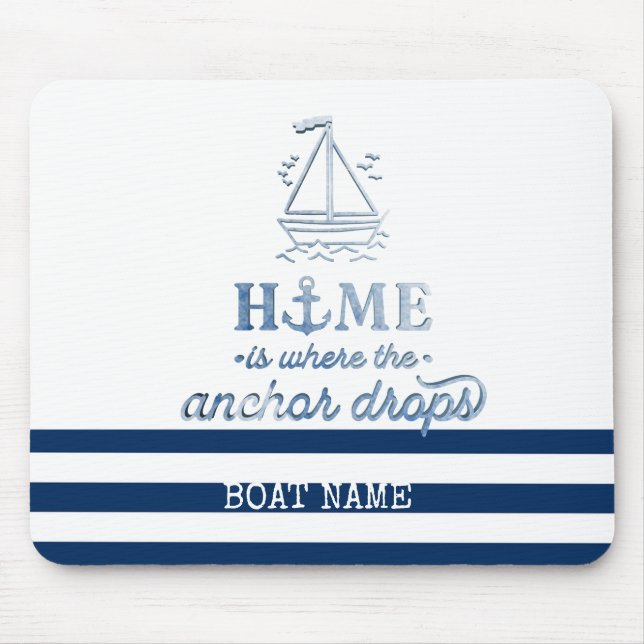 Nautical Boat Name,Anchor Sea Navy Blue Striped Mouse Pad (Front)