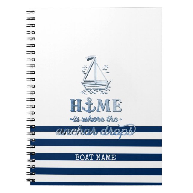 Nautical Boat Name,Anchor Sea Navy Blue Striped Notebook (Front)