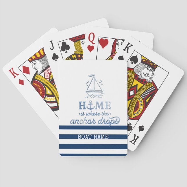 Nautical Boat Name,Anchor Sea Navy Blue Striped Playing Cards (Back)