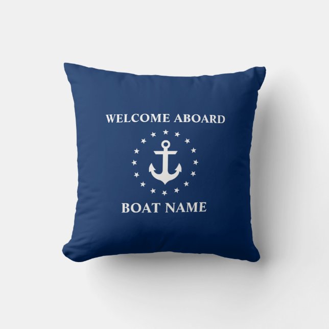 Nautical Boat Name Anchor Stars Blue Welcome Cushion (Front)