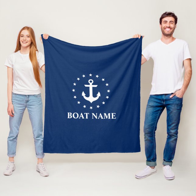 Nautical Boat Name Anchor Stars Navy Blue Fleece Blanket (In Situ)