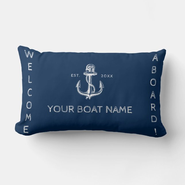 Nautical boat name anchor welcome navy blue  lumbar cushion (Front)