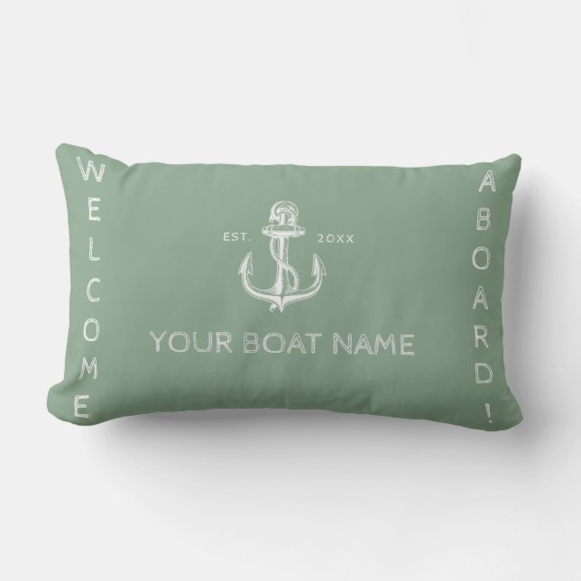 Nautical boat name anchor welcome sea green lumbar cushion (Front)