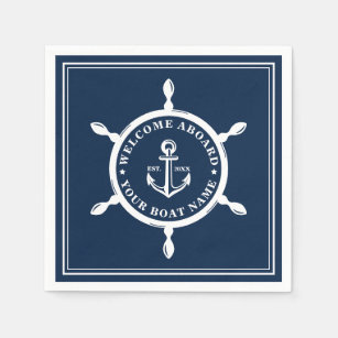 Nautical Boat Name Anchor Wheel Navy Blue Napkin