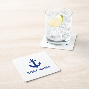 Nautical Boat Name Anchor White Square Paper Coaster