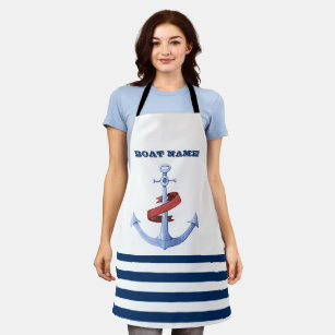 Nautical Boat Name,Blue Anchor Navy Blue Striped Apron