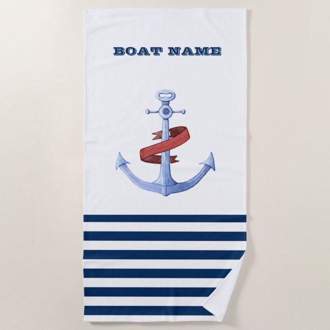 Nautical Boat Name,Blue Anchor Navy Blue Striped Beach Towel (Front)