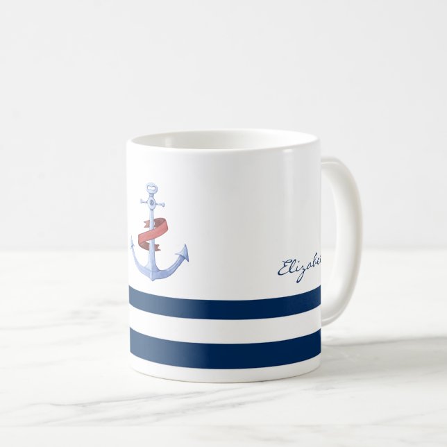 Nautical Boat Name,Blue Anchor Navy Blue Striped Coffee Mug (Front Right)