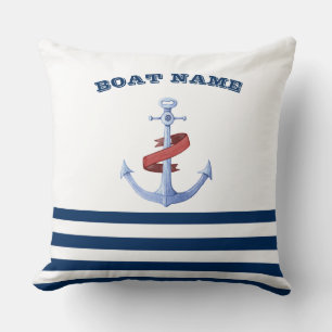 Nautical Boat Name,Blue Anchor Navy Blue Striped Cushion