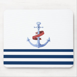 Nautical Boat Name,Blue Anchor Navy Blue Striped Mouse Pad
