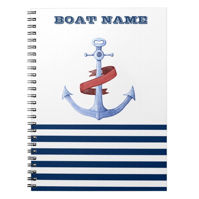 Nautical Boat Name,Blue Anchor Navy Blue Striped Notebook (Front)