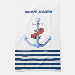 Nautical Boat Name,Blue Anchor Navy Blue Striped Tea Towel