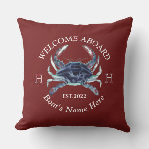 Nautical Boat Name Blue Crab Welcome  Burgundy Red Cushion