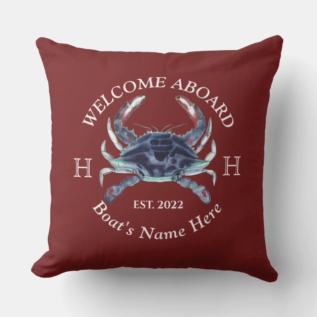 Nautical Boat Name Blue Crab Welcome  Burgundy Red Cushion (Front)