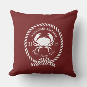Nautical Boat Name Crab Rope Maroon Red Welcome Cushion
