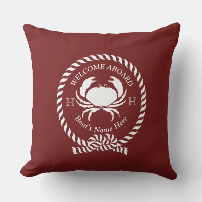 Nautical Boat Name Crab Rope Maroon Red Welcome Cushion (Front)