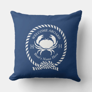 Nautical Boat Name Crab Rope Navy Blue Welcome Cushion