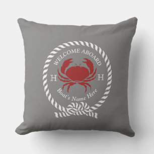 Nautical Boat Name Crab Rope Navy Blue Welcome Cushion