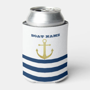Nautical Boat Name,Gold Anchor Navy Blue Stripes Can Cooler