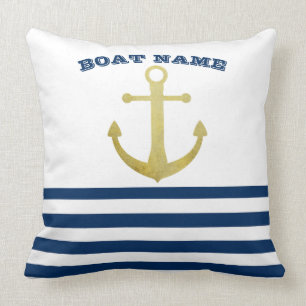 Nautical Boat Name,Gold Anchor Navy Blue Stripes Cushion