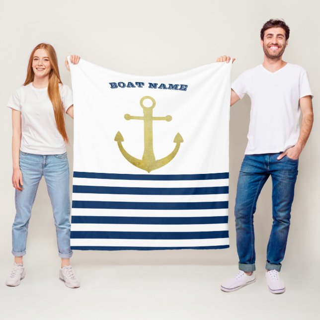 Nautical Boat Name,Gold Anchor Navy Blue Stripes Fleece Blanket (In Situ)