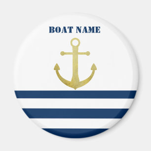 Nautical Boat Name,Gold Anchor Navy Blue Stripes Magnet