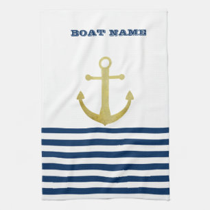 Nautical Boat Name,Gold Anchor Navy Blue Stripes Tea Towel