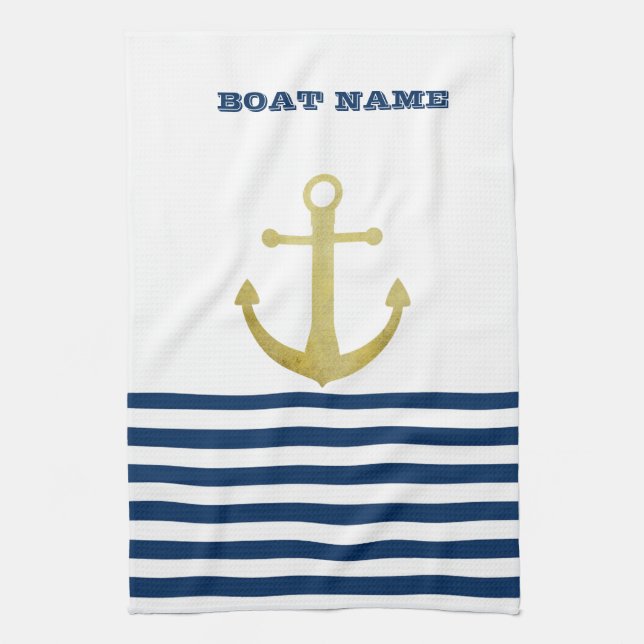 Nautical Boat Name,Gold Anchor Navy Blue Stripes Tea Towel (Vertical)