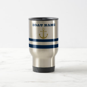 Nautical Boat Name,Gold Anchor Navy Blue Stripes Travel Mug
