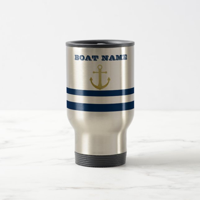 Nautical Boat Name,Gold Anchor Navy Blue Stripes Travel Mug (Center)