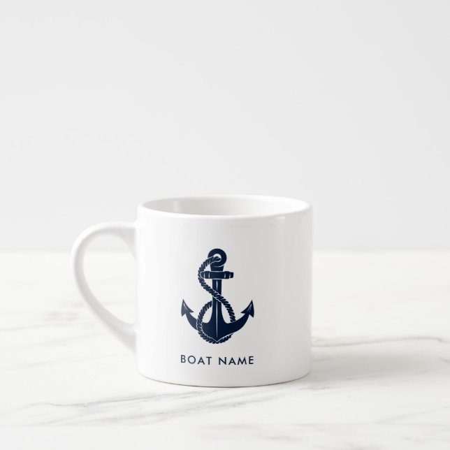Nautical Boat Name Navy Blue Anchor Custom Espresso Cup (Left)