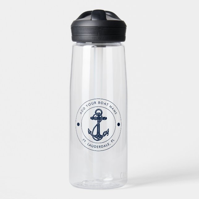 Nautical Boat Name Navy Blue Anchor Custom Water Bottle (Front)