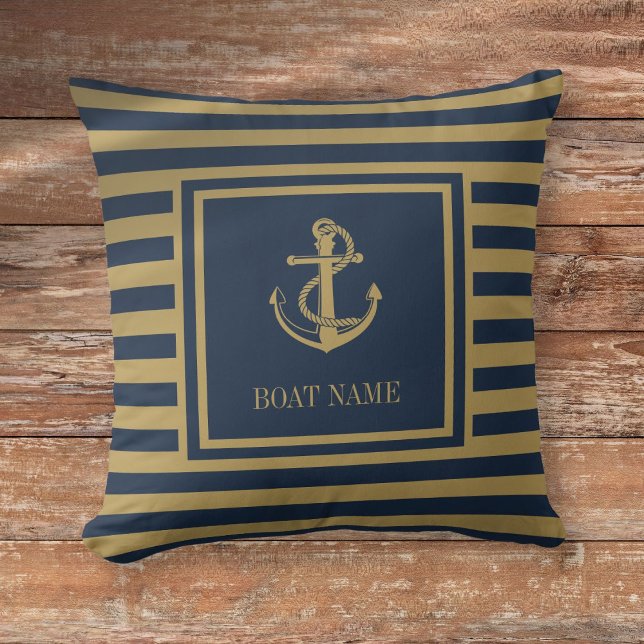 Nautical Boat Name Navy Blue And Gold Striped Cushion (Nautical Boat Name Navy Blue And Gold Striped Throw Pillow)