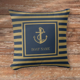 Nautical Boat Name Navy Blue And Gold Striped Cushion