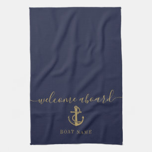 Nautical Boat Name Navy Blue Gold Welcome Aboard Tea Towel