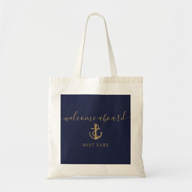 Nautical Boat Name Navy Blue Gold Welcome Aboard Tote Bag (Front)