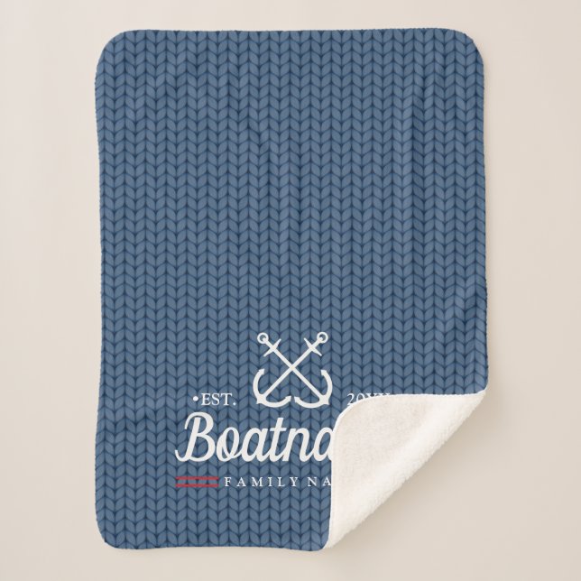 Nautical Boat Name Navy Blue Knitted Pattern Sherpa Blanket (Front)