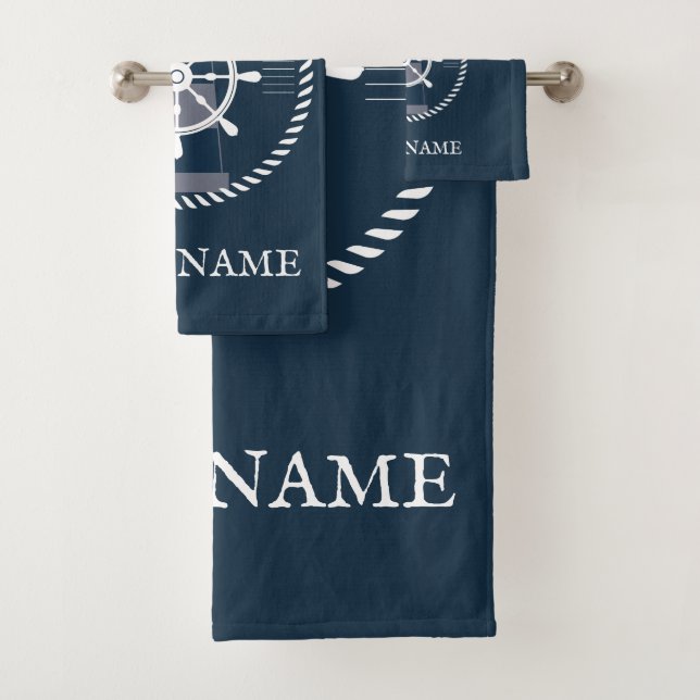 Nautical Boat Name Navy Blue Personalised Bath Towel Set (Insitu)