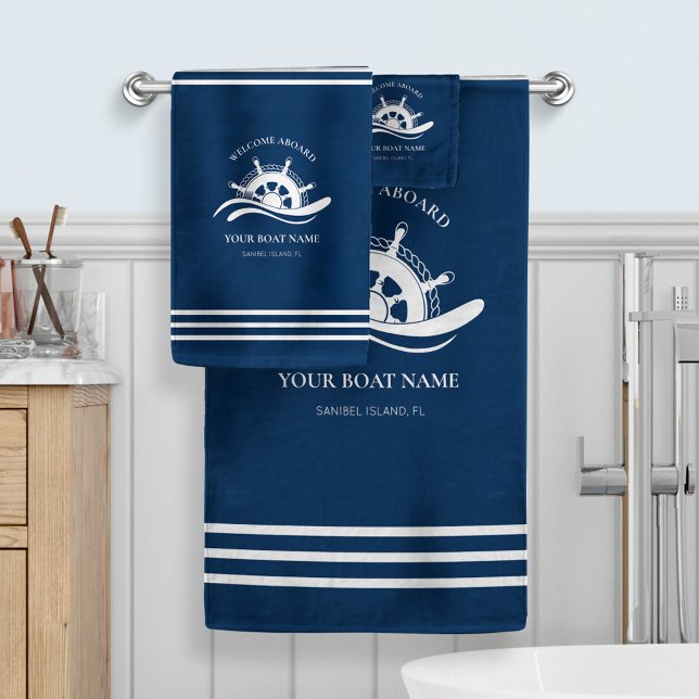 Nautical Boat Name Navy Blue Ship Wheel  Bath Towel Set (Creator Uploaded)