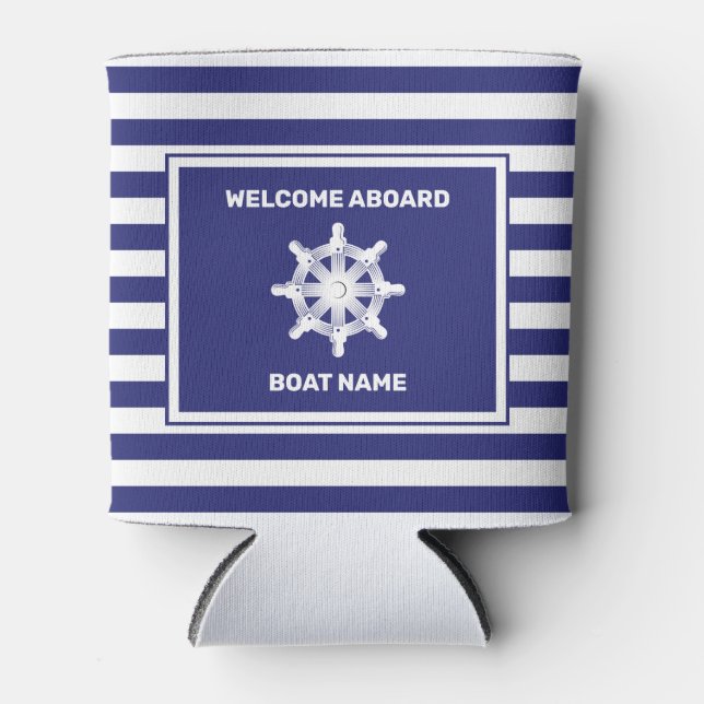 Nautical Boat Name Navy Blue Striped Cooler (Front)