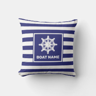 Nautical Boat Name Navy Blue Striped Design Cushion