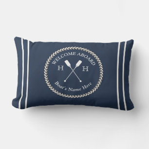 Nautical Boat Name Paddles Rope Navy Blue Welcome Lumbar Cushion